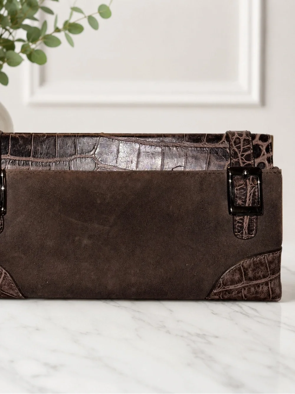 Via Spiga Dark Brown Suede & Croc-Embossed Leather Briefcase